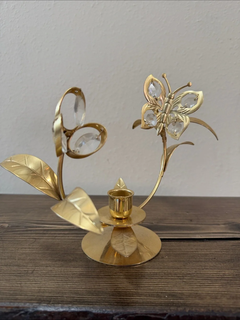 Gold Tone Butterfly Crystal Flower Taper Candle Holder Hollywood Regency Decor
